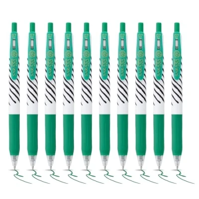 Image of Zebra Pen SARASA CLIP Stripes Gel Pens 10pk Retractable Coloured With Medium 0.7mm Nib, Smudge Proof, Rapid Dry Ink Comfort Grip and Push Clip, Water Resistant, Green Multipack