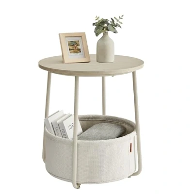 Image of VASAGLE Side Table, Round End Table with Fabric Basket, Spacious, for Living Room Bedroom, Bedside Modern Style, Cream White LET223K67