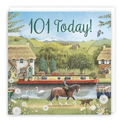 Image of Hunts England Canal Narrowboat 101st Birthday Card For Him/Her Horse Riding Countryside Milo&#039;s Gallery 101 Year Old