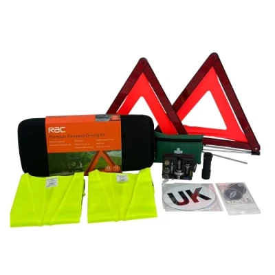 Image of RAC Premium European Driving Kit Car Travel for Roadside Emergency &amp; Breakdown in Europe Includes First Aid Kid, 2 x Hi Vis Vest, Spare Bulb Kit, UK Sign, Warning Triangle Torch