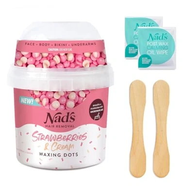 Image of Nad&#039;s Hair Removal Hard Wax Beads Full Body Kit For Women Microwaveable Hot No Strip Formula (Strawberries &amp; Cream) 200g with 2 Applicators Oil Wipes