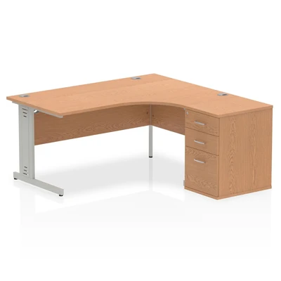 Image of Impulse 1600mm Right Crescent Office Desk Oak Top Silver Cable Managed Leg Workstation 600 Deep High Pedestal