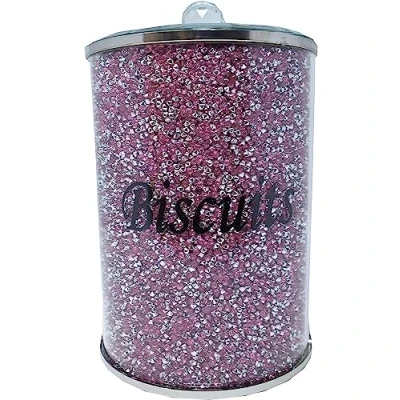 Image of Crystal Crushed Diamond Biscuit Canister Jar Trimmings Filled Tin Kitchen Storage Gift Present For All Occassion Decor (PINK JAR)