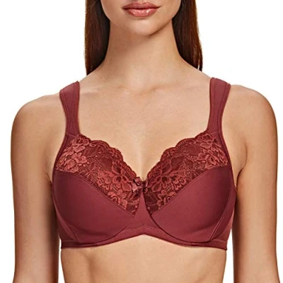 Image of MELENECA Women&#039;s Minimizer Bra Full Coverage Plus Size Underwire Lace Comfort Cushion Strap Cabernet Red 38B