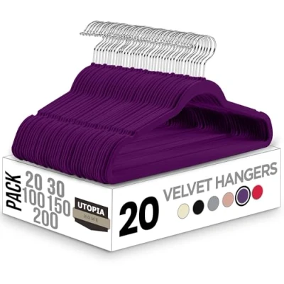 Image of Utopia Home 20 Velvet Coat Hangers Adult Heavy Duty Clothes Premium Non Slip for 360 Degree Swivel Hook Suit Sturdy to hold Jacket or Trouser (Purple)