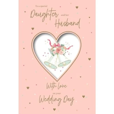 Image of Daughter and Her Husband Wedding Day Congratulations Card Bells Contemporary Artistic Design Die Cut with Special Finishes Illustrated Insert Leaf Made in the UK Eco Friendly
