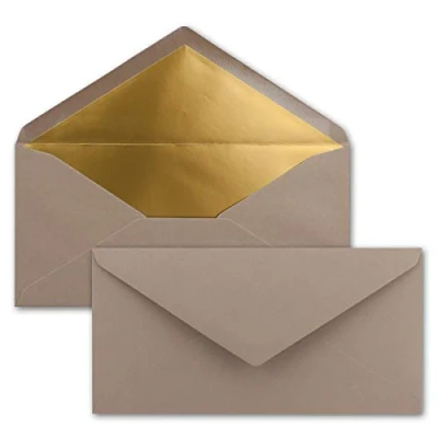 Image of NEUSER PAPIER 15 envelopes DIN long cappuccino with gold metallic inner lining 110 x 220 mm wet glue festive for invitations