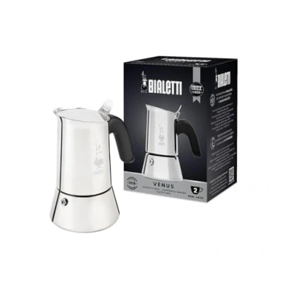 Image of Bialetti New Venus, stainless steel espresso coffee machine, suitable for all types of stoves, 2 cups (85 ml), aluminium, silver (Not induction safe)