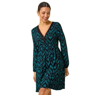 Image of Roman Stretch Jersey Dress for Women UK Ladies Gathered Waist A Line Swing Skater Fit &amp; Flare Winter Autumn Knee Length V Neck Casual Smart Cocktail Party Going Out Blue Noir Size 10
