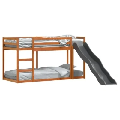 Image of vidaXL Wax Brown Wooden Bunk Bed with Slide and Ladder Pine Wood Bedroom Furniture 195.5x82.5x113 cm