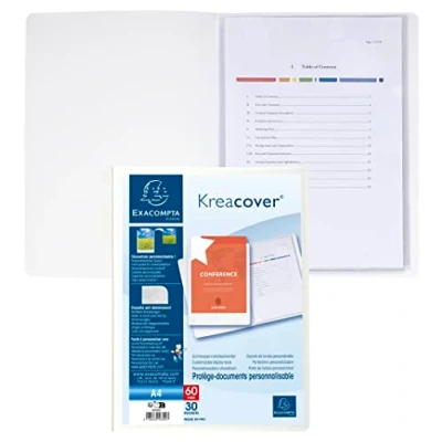 Image of Exacompta Ref 58309E Kreacover Collection Opaque Rigid PP Display Book 240 x 320mm in Size, Suitable for A4 Documents, 30 Pockets, 60 Viewing Pages White