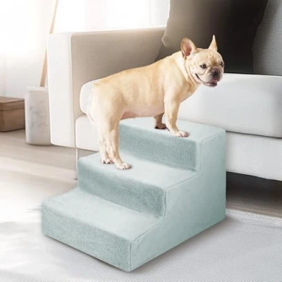 Image of CROWNSHOP 3 Steps Dog Ramp 45x35x30cm Non Slip Pet Stairs for Small Dogs and Cats Sofa (Grey)