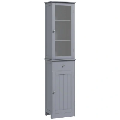 Image of kleankin Bathroom Storage Cabinet with 3 tier Shelf Drawer Door, Floor Free Standing Tall Slim Side Organizer Shelves, Grey