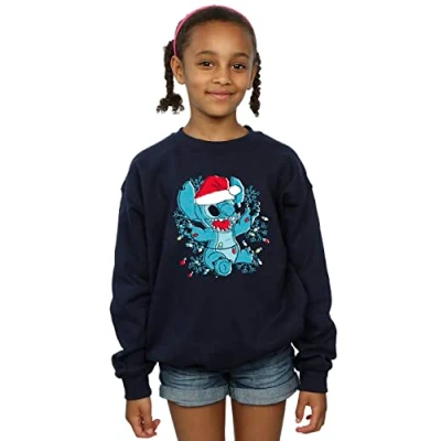 Image of Disney Girls Lilo and Stitch Christmas Lights Sketch Sweatshirt Navy Blue 3 4 Years