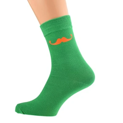 Image of Bright Green with Orange Moustache Socks Adult size UK 6 12 Euro 39 46 (X6N006)