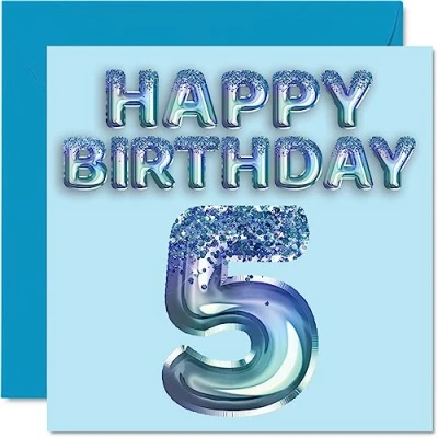 Image of 5th Birthday Card for Boys Blue Glitter Party Balloon Happy Cards 5 Year Old Boy Grandson Son Brother Nephew, 145mm x Five Fifth Bday Greeting Gift