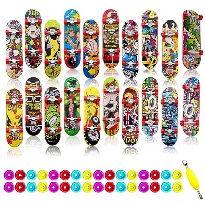 Image of ZOCONE 20 PCS Finger Skateboards with 32 Replaceable Wheels and Mini Screwdriver, Skateboard Toy Deck Truck Boards for Kids Party Favours Boys Bag Fillers (Random Patterns)