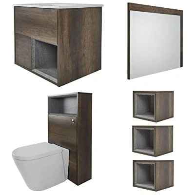 Image of Milano Bexley Dark Oak 810mm Bathroom Furniture Set with Vanity Unit Toilet WC Mirror and Three Cube Storage Units No LED Lights