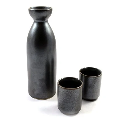 Image of Japanese Sake Set with Bottle &amp; 2 Cups in Matt Silver Glazed Ceramic