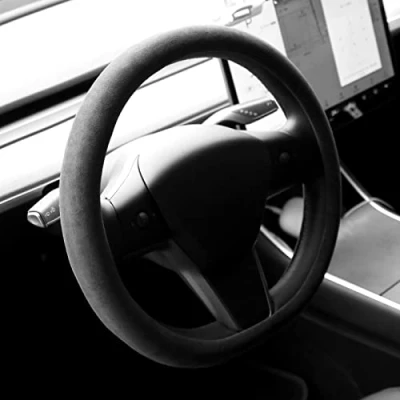 Image of Alfanxi Car Accessories Alcantara Material Steering Wheel&amp;Center Console&amp;Dashboard&amp;Door Panel&amp;Key Covers&amp;Holders Compatible with Tesla Model 3/Y/S (A2:Steering Wheel Cover(D)), Black, 15Inch
