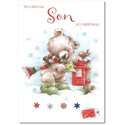 Image of doodlecards Son Christmas Card Cute Bear at Post Box Medium Size for with Plain Envelope