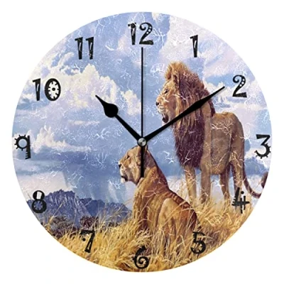 Image of Sawhonn Cute Animal Lion King Wall Clock Silent Non Ticking Battery Operated Round Clocks for Boys Girls Home Room Bedroom Kids