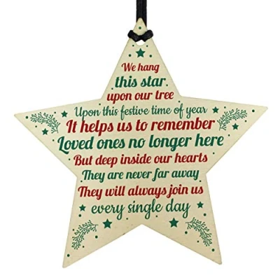 Image of RED OCEAN Christmas Memorial Bauble Tree Decorations Handmade Wooden Star Mum Dad Nan Grandad Brother