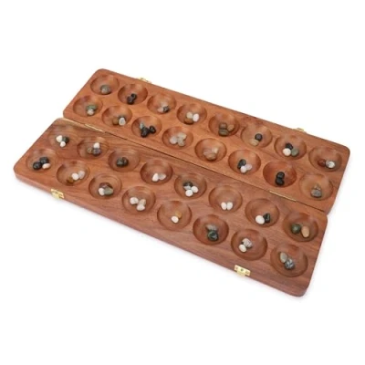 Image of Ajuny Wooden Mancala Board Game Set Large Folding with Multicolor Stones, Ideal for Family Night, Portable Travel Fun Classic Table Adults &amp; Kids
