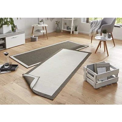 Image of NORTHRUGS Panama Indoor and Outdoor Rug 80 x 150 cm Reversible Weatherproof Modern Plain Design with Border Runner for Balcony Patio Garden Conservatory Living Room Waterproof in Brown Cream