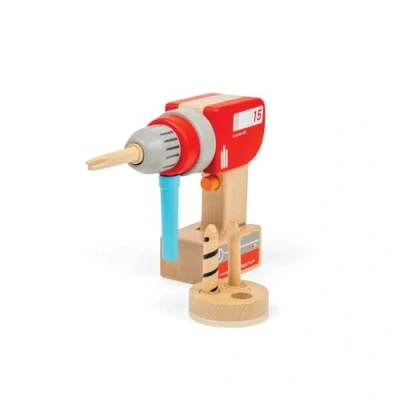 Image of Bigjigs Toys Wooden Kids Drill Toy with 3 Magnetic Bits, Clickable On/Off Button, Detachable Pretend Battery, Ideal for Tool Sets, Unique Year Olds