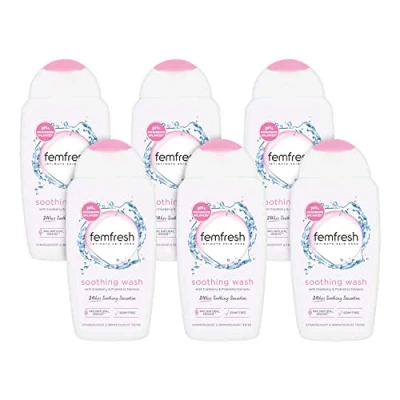 Image of Femfresh Ultimate Care Soothing Wash Intimate Vaginal Feminine Hygiene Shower Gel Cleanser pH Balanced, Soap Free w.Hydrating Cranberry &amp; Probiotics Extract, Long Lasting 6 x 250 ml Multi Pack