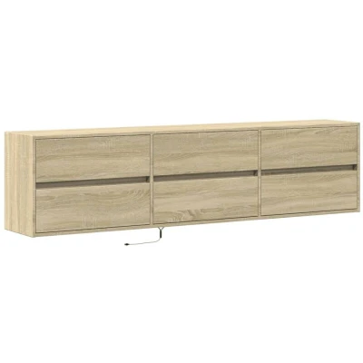 Image of vidaXL TV Wall Cabinet with LED Lights and Storage Sonoma Oak, Engineered Wood Floating Unit, 180x31x45 cm