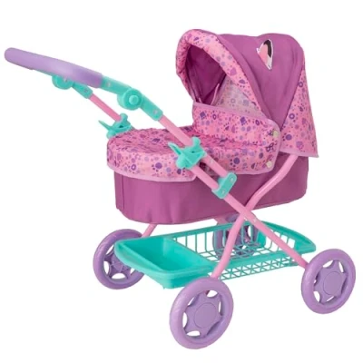 Image of Gabby&#039;s Dollhouse Junior Roamer Pram Dolls Pushchair With Adjustable Handel Height Folding Pram, Under Seat Storage, Removable Apron &amp; Hood Toys For Kids 3+