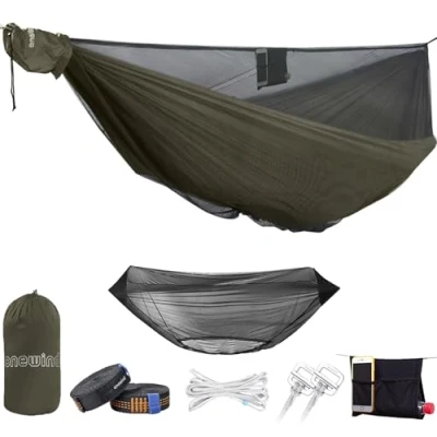 Image of onewind Double Camping Hammock with Mosquito Net,Tree Straps, Ridgline, Compact Storage Bag, Durable Ripstop Nylon 11FT Holding 500lbs, Ideal for Hiking, Beach, Backpack