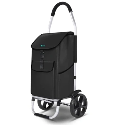Image of VOUNOT Folding Shopping Trolley, Aluminium Lightweight Cart with Detachable Bag, Waterproof Fabric, Mudguard Stair Climbing Wheels Grocery 55L Black