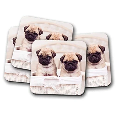 Image of 4 Set Pug Puppy Twins Coaster Dog Puppies Cute Mum Auntie Sister #15039