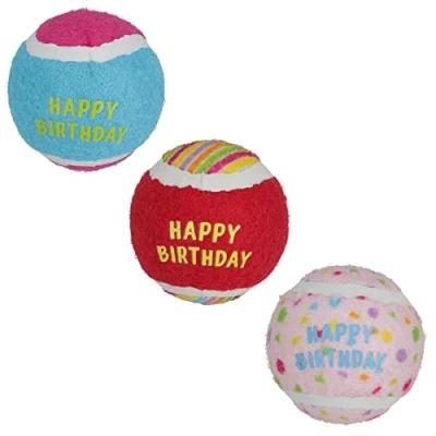 Image of AB Tools 3PK Medium Happy Birthday Tennis Balls Dog Puppy Gift Chuck Fetch Play 6.5cm