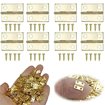 Image of Lxoraziy 100 Pieces Small Mini Hinges, Folding Butt Miniature Furniture Cabinet Hinges with Brass Tack, for DIY Wooden Jewelry Box, Doll Houses, Tool Box (Gold)