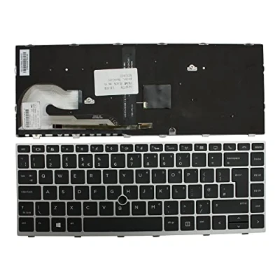 Image of Power4Laptops UK Layout With Pointer Silver Frame Backlit Black Replacement Laptop Keyboard Compatible HP EliteBook 840 G5