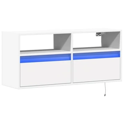 Image of vidaXL TV Wall Cabinet with RGB LED Lights, 100x31x45 cm, White, Engineered Wood, 2 Drawers, Compartments, Floating Stand, Living Room Entertainment Centre