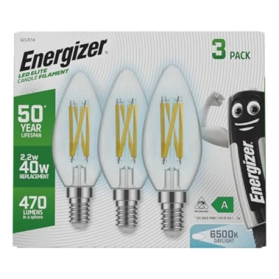 Image of Energizer Ultra Efficient 50 Year Life Span E14 Candle LED Light Bulbs Ideal for Fittings Featuring a Bulb. Low Energy. Next Generation Daylight White 3 Pack