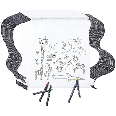 Image of Partituki Party Bag Fillers for Kids. 10 Drawstring Bags to Colour in, Sets of 5 Crayons Waxes. Kids Pinata