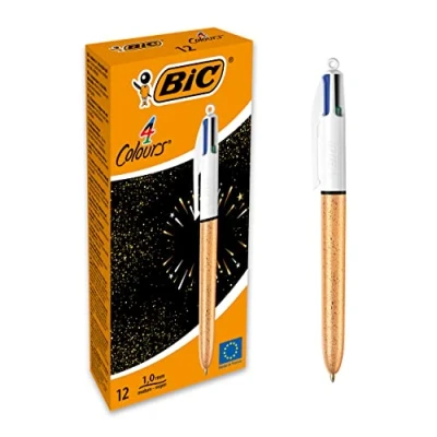 Image of BIC 4 Colours Medium Point Ballpoint Pens (1 mm) Frosted Gold Textured Body, Blue, Green, Red, Black, Box of 12