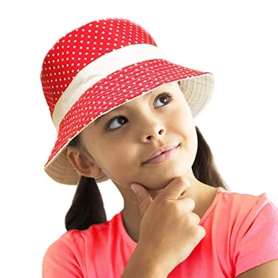 Image of TOSKATOK UPF 50+ Girl&#039;s Reversible Cotton Polka Dot Bush Bucket Sun Hat RED 54