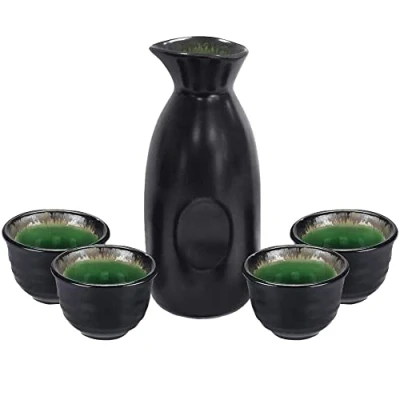 Image of Sake Set Japanese Cup Traditional Hand Painted Design Porcelain Pottery Ceramic Cups Crafts Wine Glasses 5 Piece (Black Classic)