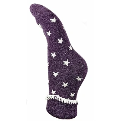 Image of Joya Luxurious Cuff Bed Wool Blend Socks UK 4 7 EU 36 40 Purple With Small Cream Stars
