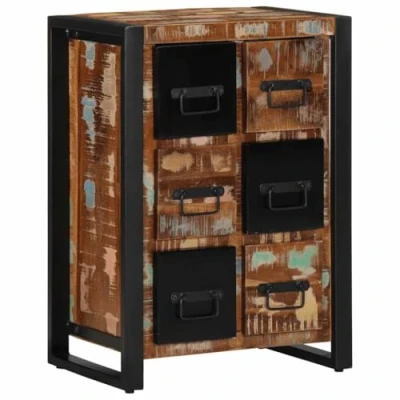 Image of vidaXL Sideboard/Cabinet 50x35x70 cm Solid Reclaimed Wood/Iron Black/Brown 6 Drawers Retro Style Living/Dining Room Furniture