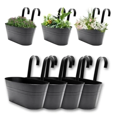 Image of Metal Hanging Flower Pots for Railing Fence, Planters Outdoor Plants Planter, Iron Bucket Planter with Drainage Holes &amp; Hooks Garden Porch Balcony Patio (Pink, 4pcs)