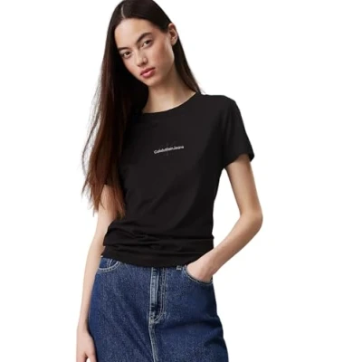 Image of Calvin Klein Jeans Monologo SLIM TEE Basic Tshirt, Women&#039;s, Size: Large, Black