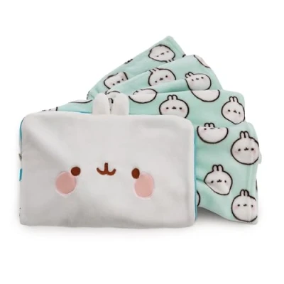 Image of NICI 61172 Fleece Bag in 1 MOLANG 100x180cm/bag:40x26cm White Convertible Travel, Airplane Blanket with Soft Case, Carry on Strap, Cartoon